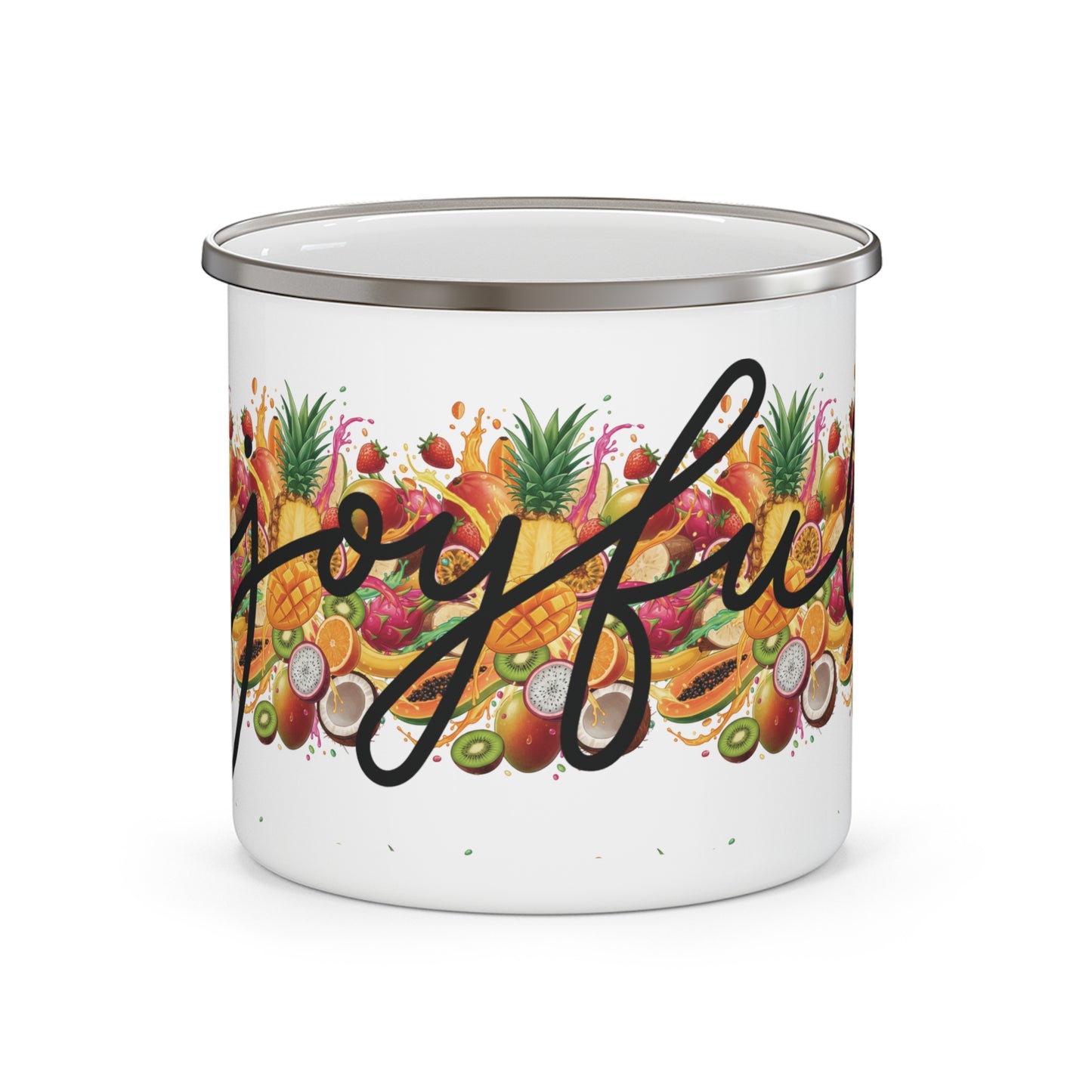 Enamel Camping Mug — Tropical Fruits “Joyful” Coffee Cup