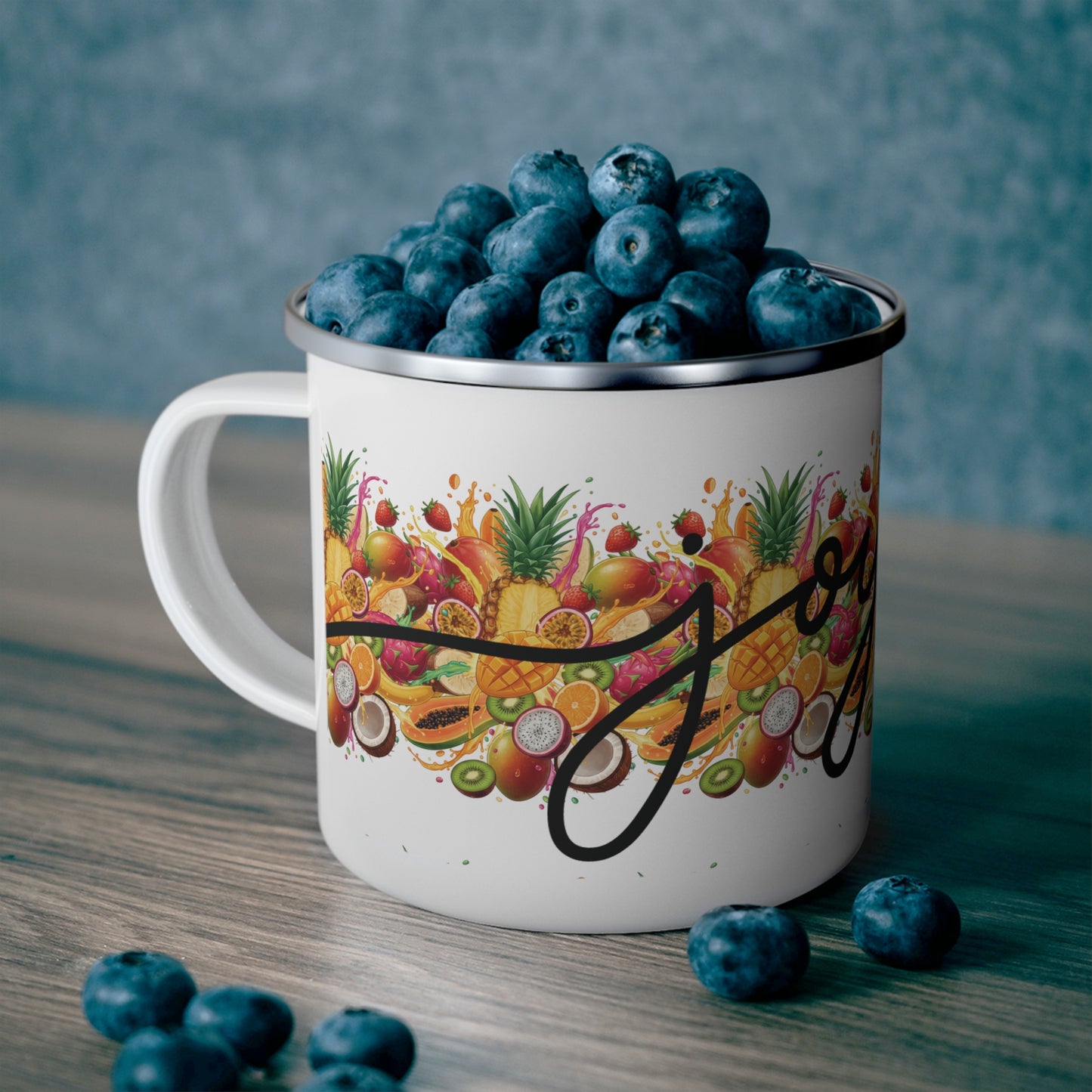 Enamel Camping Mug — Tropical Fruits “Joyful” Coffee Cup