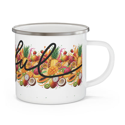 Enamel Camping Mug — Tropical Fruits “Joyful” Coffee Cup